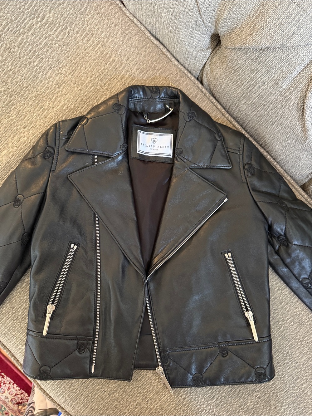 Philipp Plein Black Leather Biker Jacket with Skull Quilting